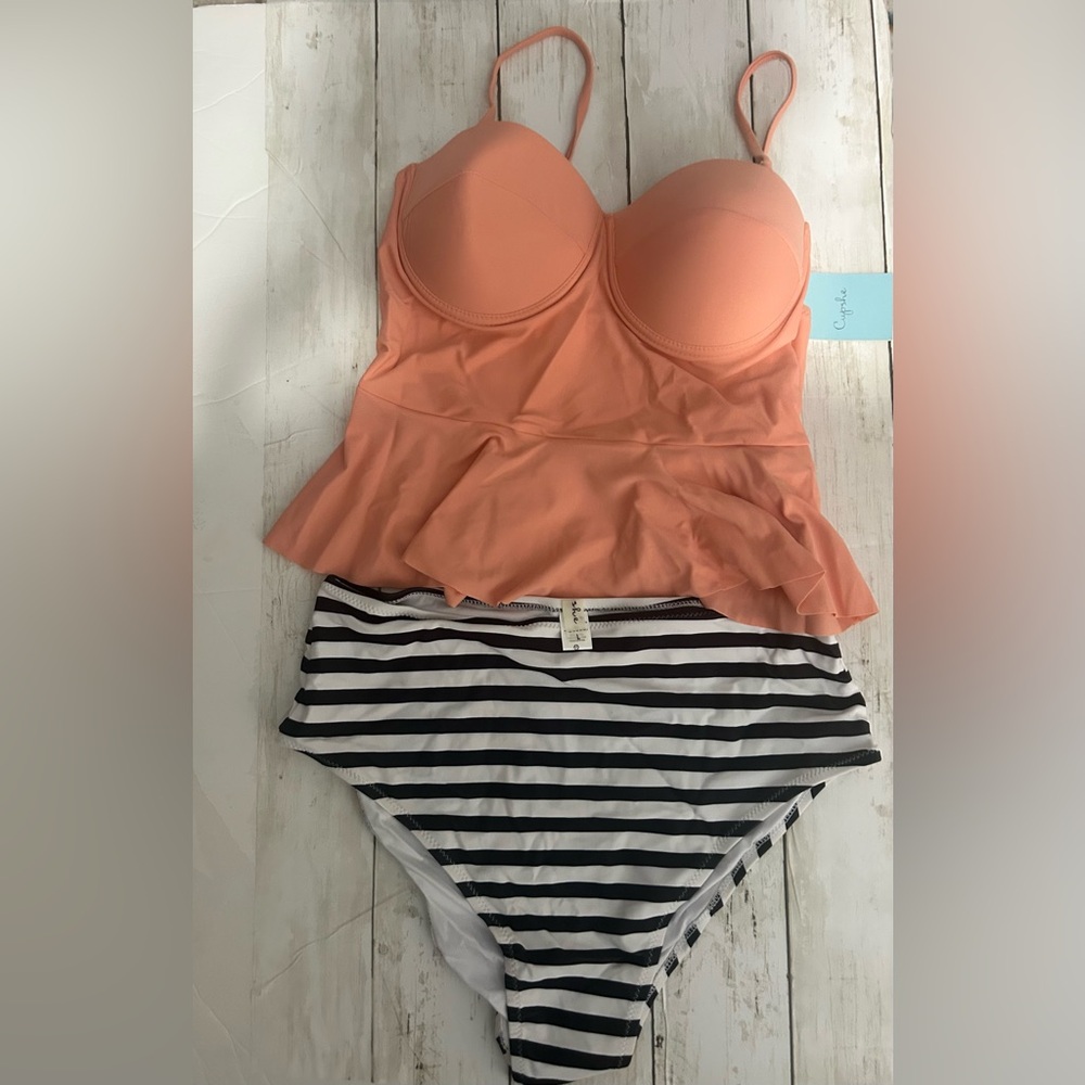 NWT Cupshe Coral Peplum Swimsuit with Striped Bottoms
